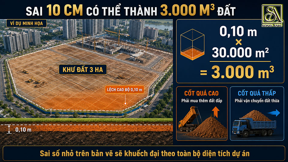 Ví dụ sai cao độ 10 cm trên khu đất 3 ha phát sinh 3.000 m3 đất